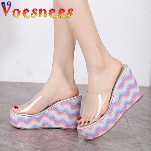 Voesnees 2021 Women Slippers Transparent PVC Shining Rainbow Waterproof Platform Wedges High Heel Shoes New Summer 10CM Sandals