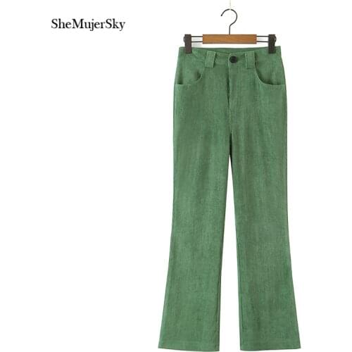 SheMujerSky Women Autumn Winter Corduroy Green Pants 2021 Casual Slim Trousers With Pockets