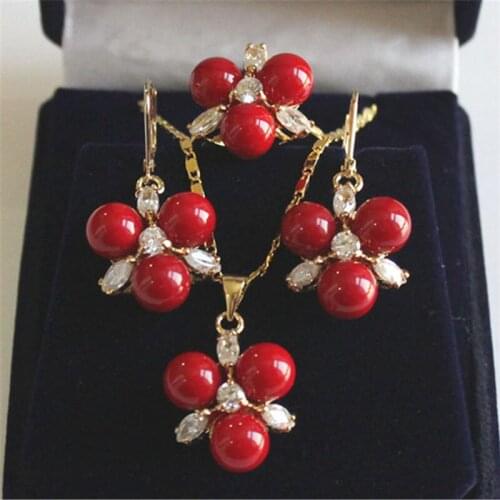 Womens Wedding Party Jewelry Red Shell Pearls Crystal Pendant Necklace Earring Ring Jewelry Set 8mm Bead Pearls Temperament