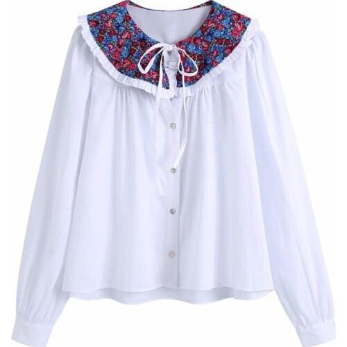 ZXQJ Women 2021 Sweet Fashion With Floral Print Collar Ruffled Blouses Vintage Long Sleeve Button-up Female Shirts Chic Tops