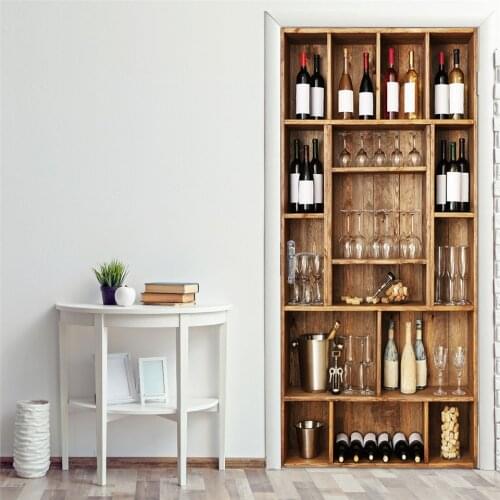 77x200cm/95x215cm Wine Bottle Shelf 3D Wallpaper For Doors Self-adhesive Door Stickers For Wooden Door Renovation Art Home Decal