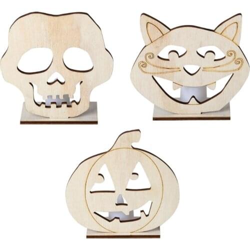 Halloween Party Decoration LED Candle Light Wooden Skull Pumpkin Ornaments