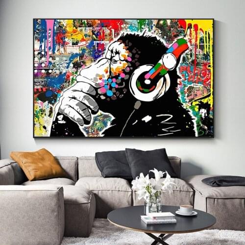 Orangutan with Headphones Graffiti Canvas Painting Living Room Bedroom Wall Art Interior Home Decoration Painting(No Frame)