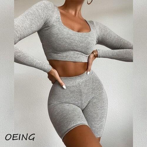 Workout Clothing Womens Yoga 2 Piece Sets Biker Shorts and Long Sleeve Crop Tops Tights Lounge Wear Set