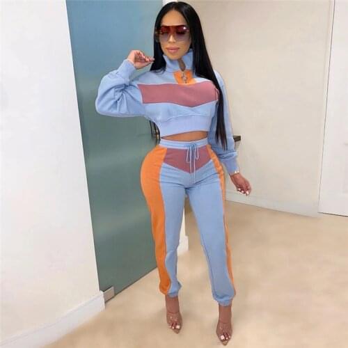 Patchwork Two Piece Set Tracksuit Women Zipper Turtleneck Long Sleeve Sweatshirt Crop Top Casual Pants 2 piece set women outfits