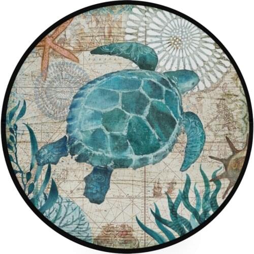Sea Turtle Starfish Retro Map Round Area Rug Non Slip Round Rug Doormat Door Floor Mat Carpet for Living Room Bedroom Home Decor