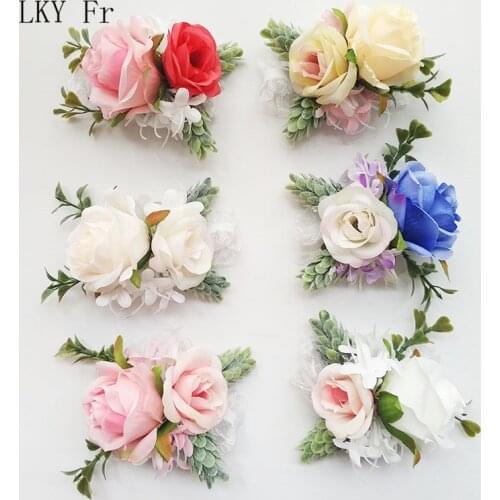 LKY Fr Wedding Bracelet for Bridesmaid Bride Wrist Corsage Bracelet Boutonniere Pin Flowers Wedding Witness Marriage Men Corsage