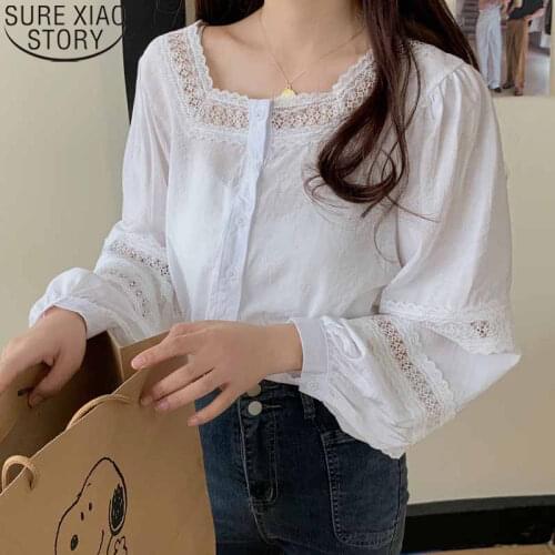 Fashion Long Sleeve Lace Shirt Sweet Women Sexy Lace Blouse See Through Elegant Square Collar Casual Women Tops Blusas 11018