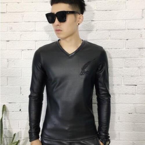 New plus velvet thickening PU leather T-shirt Korean slim Men Fashion Long sleeves tide tight V-neck Embroidered bottoming shirt