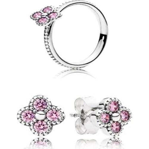 NEW100% 925 sterling silver pink flower shaped zircon hollow elegant ring female models elegant noble ring Ear Studs