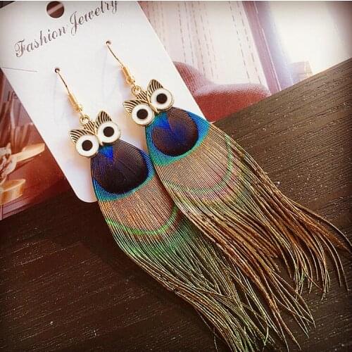 2019 New Free Shipping Fashion Hot Night Owl Earring Bohemia Owls Animal feather earrings female Girl dangle drop earring charm