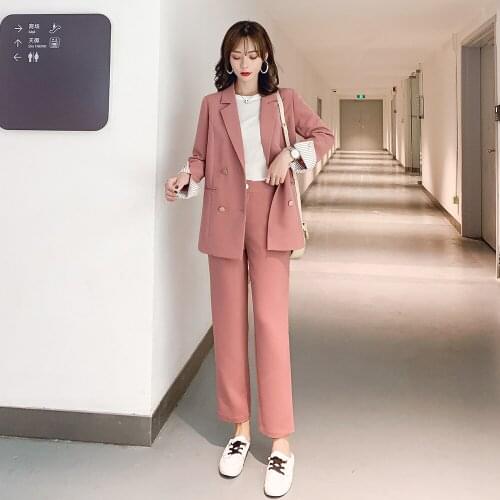 Autumn new high quality fashion casual temperament slim small suit suit wide leg pants two-piece blazer set pink