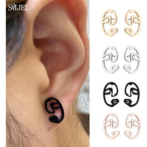 Punk Human Face Earrings For Women Black Abstract Hollow Out Statement Hand Stainless Steel Earings Fashion Jewelry Studs Gifrs