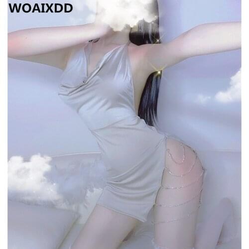 Sexy Mini Dress Hot Erotic Chain Strap Dress Women Sexy Solid Nightdress Split Female Babydoll Lace Patchwork Clubwear