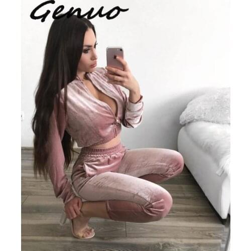 Genuo New Velvet Tracksuits Casual Two Piece Sets Long Sleeve Crop Top Long Pants 2 Pieces Sets Womens Outfits Velour Tracksuit