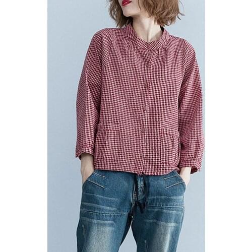QPFJQD Spring Summer Female Comfortable Cotton Linen Retro Tops 2021 New Pockets Women Loose Casual Plaid Blouse Stand Collar