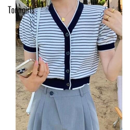 Tonngirls Vintage T Shirt Short Sleeve Casual T Shirt Women Knitted Striped Tee Shirt Femme T-shirt Streetwear Korean Style Tops
