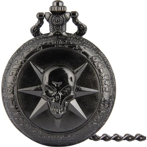 Vintage Black Quartz Pocket Watch Hollow Skull Chain Clock for Men Women Pendant Necklace