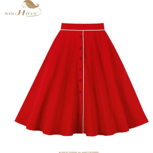 SISHION Red Puffy Skirt High Waist Single Button юбка с высокой талией 2021 Autumn Vintage Big Swing Skirt with Pocket SP1510