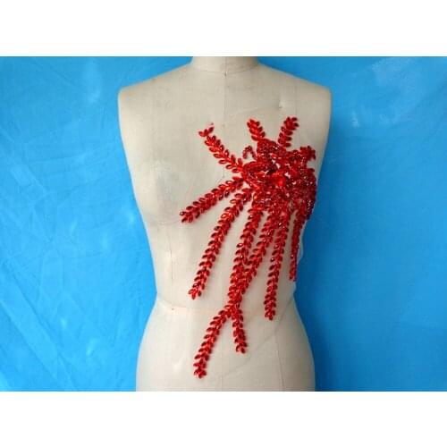 Zbroh Handmade sew on Rhinestones applique red crystal patches with stones sequins beads 38*21cm