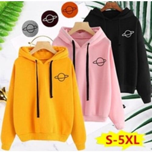 Women Planet Print Hoodie Casual Solid Loose Drawstring Sweatshirt Girls Long Sleeve Hooded Autumn Pullover Hoodies Female Tops
