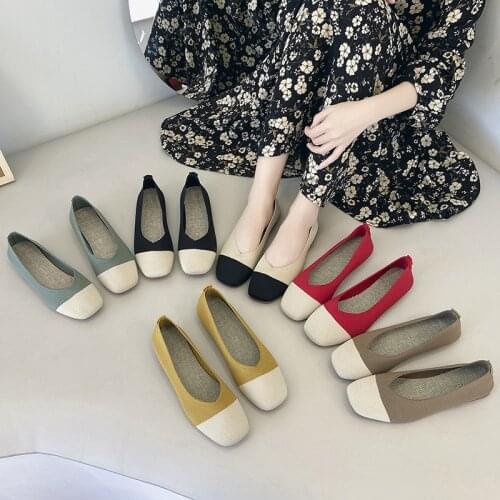 Womens Knitted Flat Shoes 2021 Spring Square Head Shallow Mouth Casual Shoes Fashion Breathable Soft Sole Ballet Shoes 35-40
