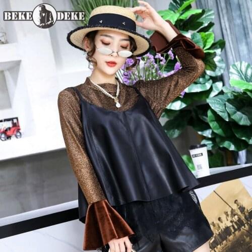 2021 Spring Women Straps Vests Sleeveless Loose Fit Real Sheepskin Genuine Leather Waistcoat Sexy Ladies Patchwork Lace Vests