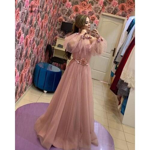 2020 Pink Dubai Muslim Evening Dresses Long Illusion Long Sleeve Flowers Tulle Formal Evening Party Gowns Robe De Soiree Cheap