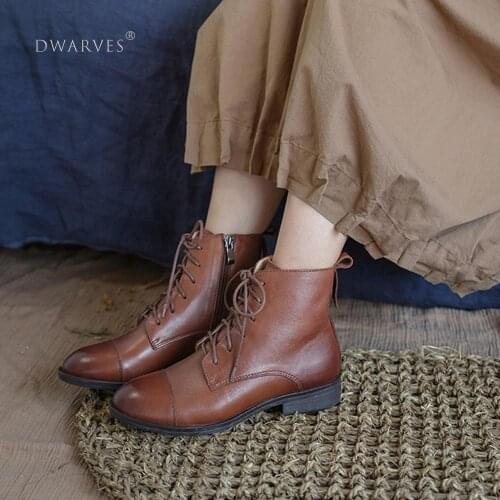 2020 Designer Handmade Genuine Leather Short Boots For Women Romantics Lace Up Ankle Boots Coffee/Brown