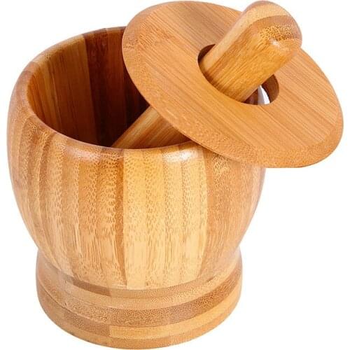 Bamboo Mortar and Pestle Grinder Pestle-Set Grinding-Bowl Garlic Press Ginger Crusher Herb Spice Masher Kitchen Tool
