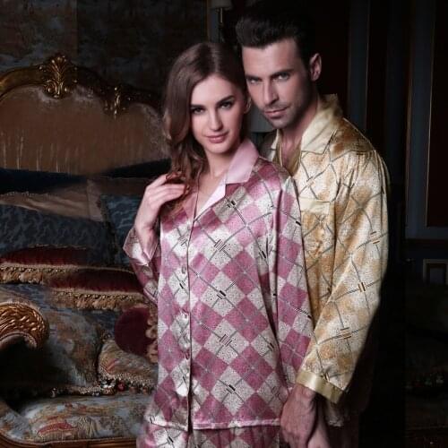 Brand Real Silk Couple Pajama Two-Piece Printed 100% Silk Sleepwear Female Male Spring Autumn Long-Sleeved Pyjama Sets YE2065