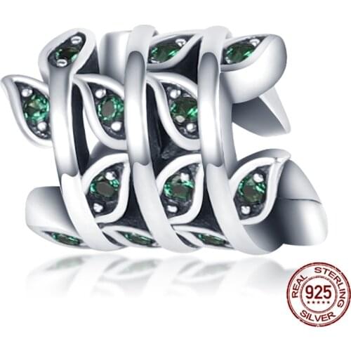 925 Sterling Silver Emerald Green Leaf Beads and Charms Original Pandora Bracelets and Bangle Making Fashion DIY Womens Jewelry