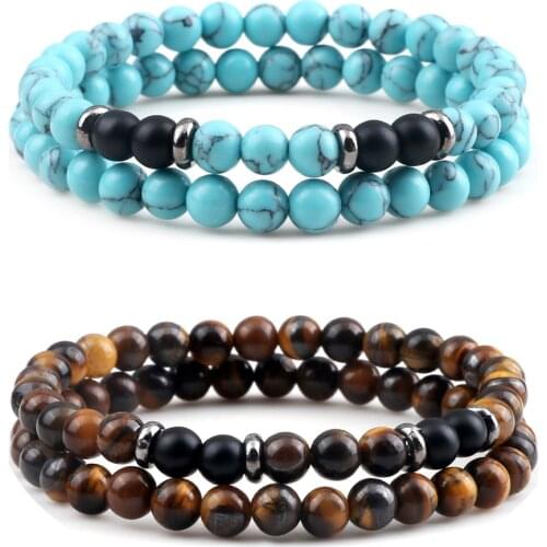 2Pcs/Set Elastic Bracelet High Quality Black Matte Turquoises Beads Bracelet 6MM Natural Stone Spacer Bangles Jewelry Gift Women