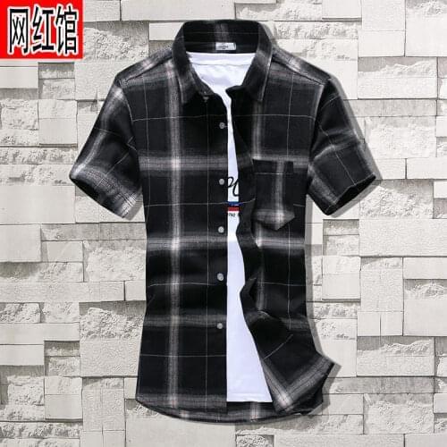 Summer Short Sleeve Plaid Hawaiian Shirt Mens Korean Slim Youth Half Sleeve Shirt Trend Casual Inch Camisa Masculina Streetwear