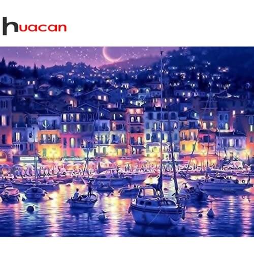 Huacan Square/round Diamond Painting Night Seaside City Home Decor Embroidery Mosaic Boat Town Building Crystal Wall Stickers