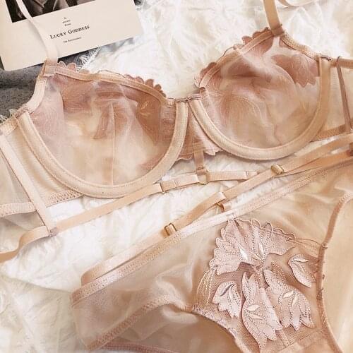 Embroidered lingerie briefs gauze straps ultra-thin bralette panty soft steel rings gathered underwear set sexy bra briefs suit