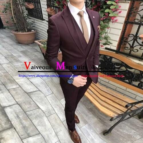 Costume Homme Burgundy Men Suits Slim Fit Blazer Tuxedos Groom Wedding Suits Business Prom Party Dress 3 Pieces Jacket+Vest+Pant