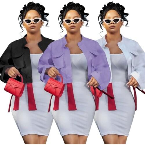 Casual Strap Long Sleeve Jacket with Pockets Women Autumn Summer Streetwear Stand Collar Crop Top Solid Color Outerwear New Coat