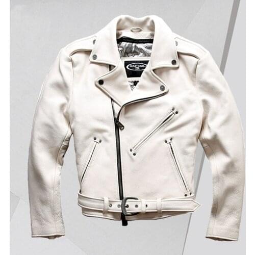 Motorcycle Lapel Diagonal Zipper Cowhide Jacket Mens First Layer Cowhide Pure White Fashion Cowhide Coat Men