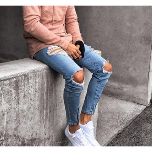 Adisputent Men Sweatpants Sexy Hole Jeans Pants New Casual Summer Autumn Male Ripped Skinny Trousers Slim Biker Painted Pants