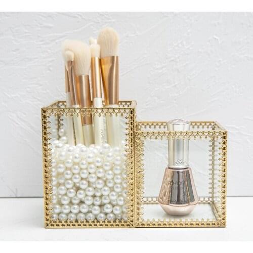 New 2 Grids Glass Makeup Organizer Lipstick Makeup Brush Eyebrow Pencil Holder Case Desktop Cosmetic Jewelry Storage Box