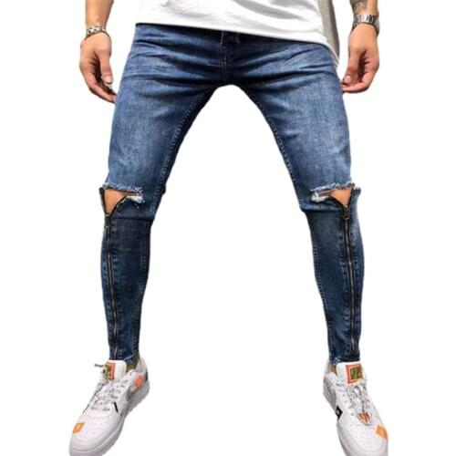 New Ripped Hole Hip-hop Men Jeans Fashion Zipper Slim Skinny Youth Retro Skateboard Motorcycle Denim Pants Streetwear