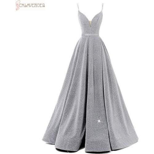 Multi Colors Avaliable Spaghetti Sparkle Prom Dress A-Line Leg Slit vestidos de fiesta with Brush Train Backless Evening Dresses