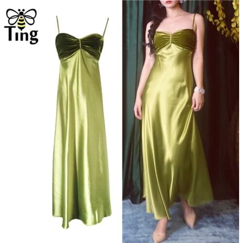 Tingfly Summer Fashion Lady Vintage Strap Velvet Patchwork Midi Long Party Dresses Green Casual Sleeveless Sundress Streetwear