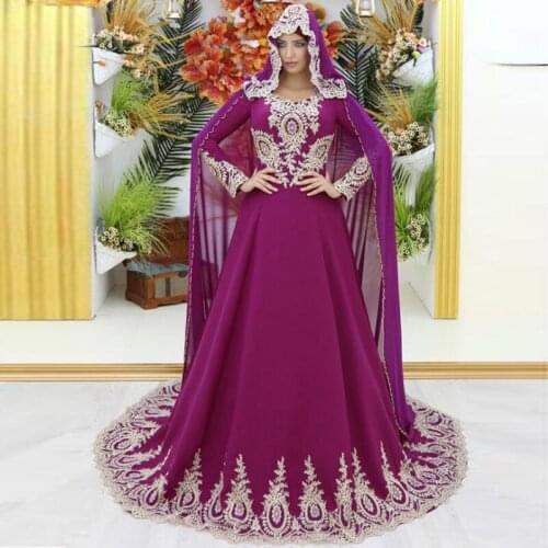 Turish Musilm hijab Evening Dresses Caftan Dubai Purple Evening Gowns With Caped Lace Long Sleeve Prom Dress Party Gowns