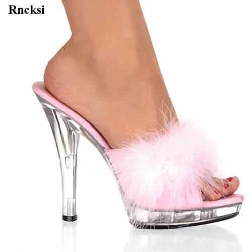 Rncksi New High Heels 13CM Stripper Shoes Plump Feathered Crystal Shoes Hot Sexy Platform Womens Sandals
