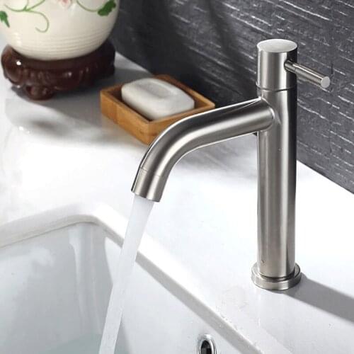 Vertical Bathroom Faucet Basin Faucet Brushed Fixed Sink Tap 304 Stainless Steel Single Cold Water Tap Kitchen Faucet with Hose