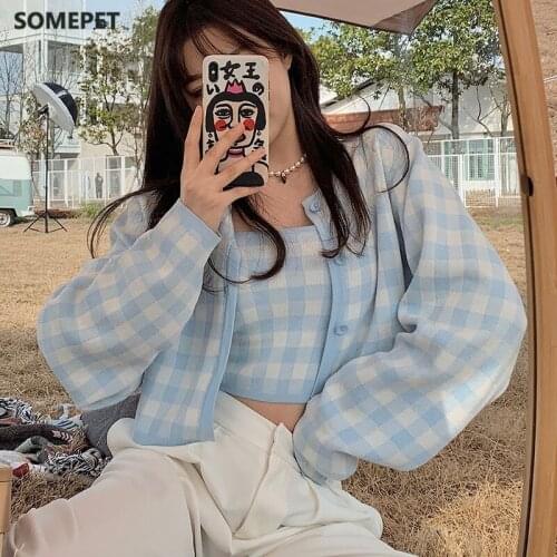 Spring Plaid Knitted Suit Casual Fashion Single-Breasted Long-Sleeve Loose Cardigan And Short Sling Vest Two-Piece Set Femme