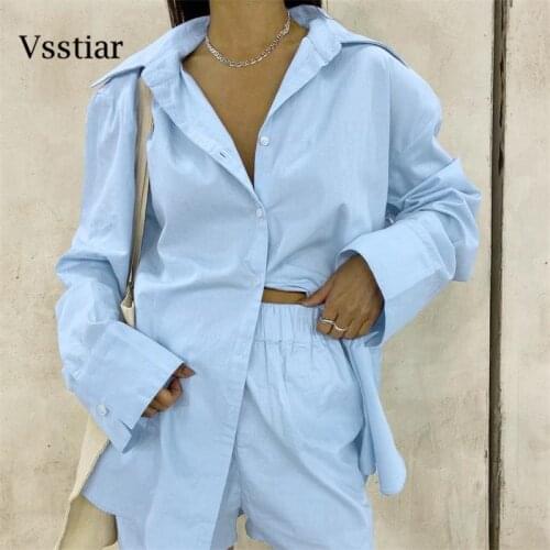 Vsstiar Autumn Long Sleeve Blouse Casual 2 Two Piece Shorts Sets Women Button Up Tracksuit Collar Top Mini Shorts Fashion Suit