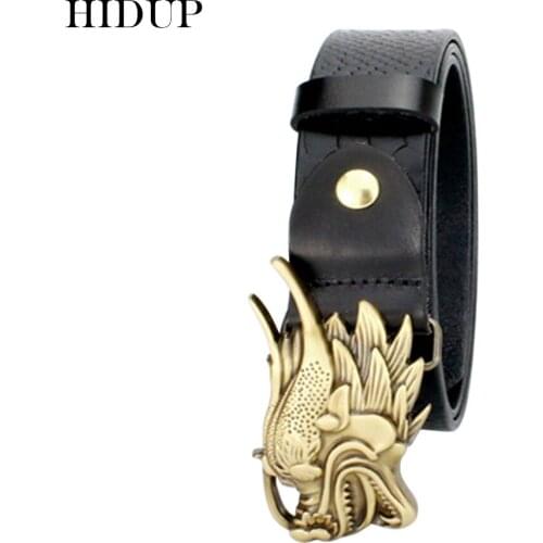 HIDUP Top Quality 100% Solid Cow Cowskin Leather Belt Chinese Dragon Head Brass Buckle Metal Belts Men Cloth Accessories NWWJ147